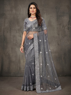 Grey Floral Embroidered Net Saree - Image 1