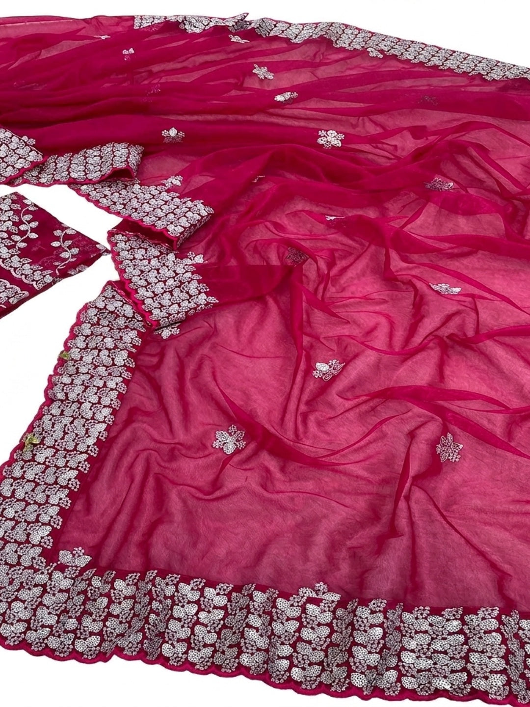 Pink Floral Embroidered Net Saree - Image 2