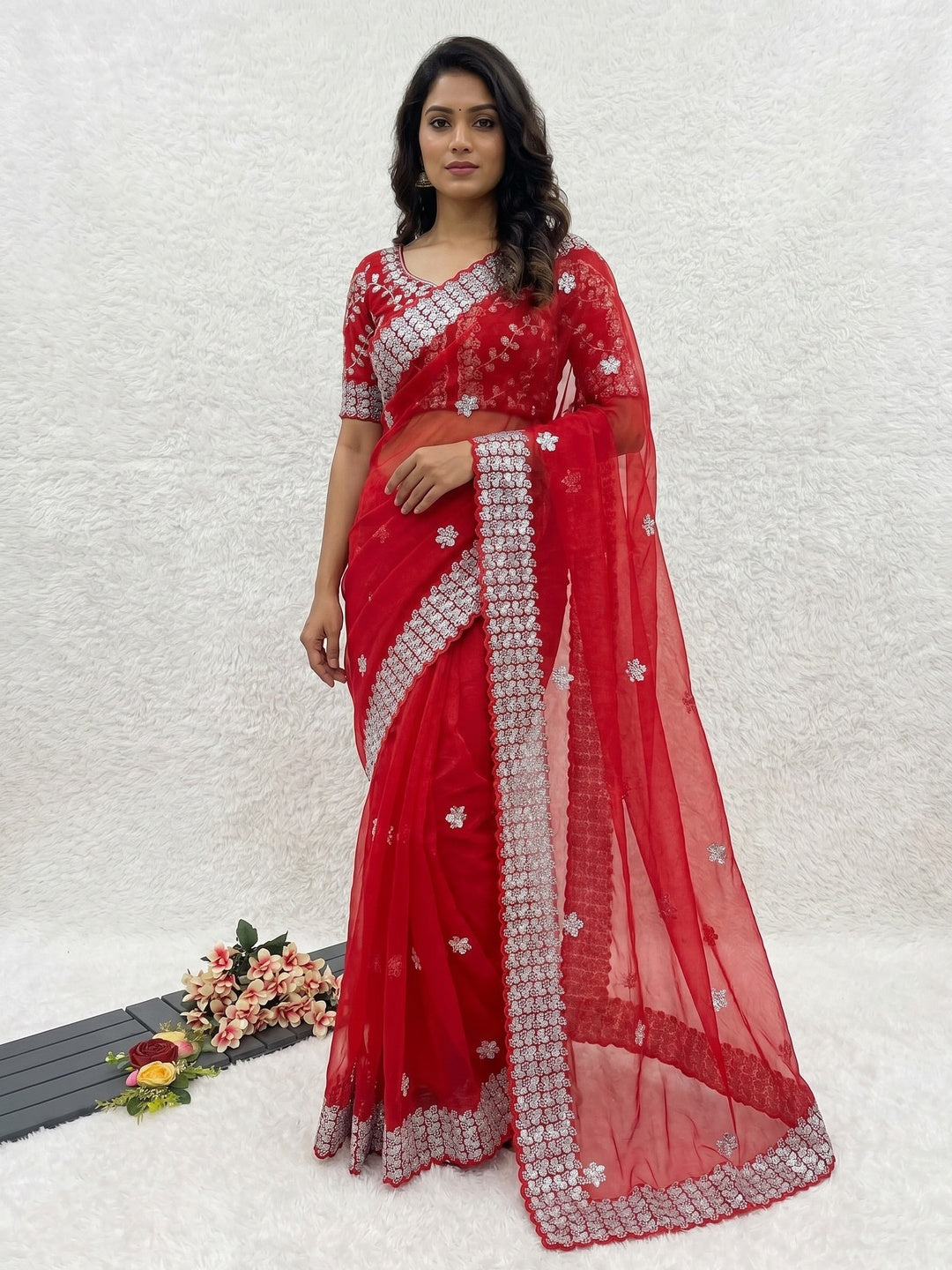 Red Floral Embroidered Net Saree - Image 1