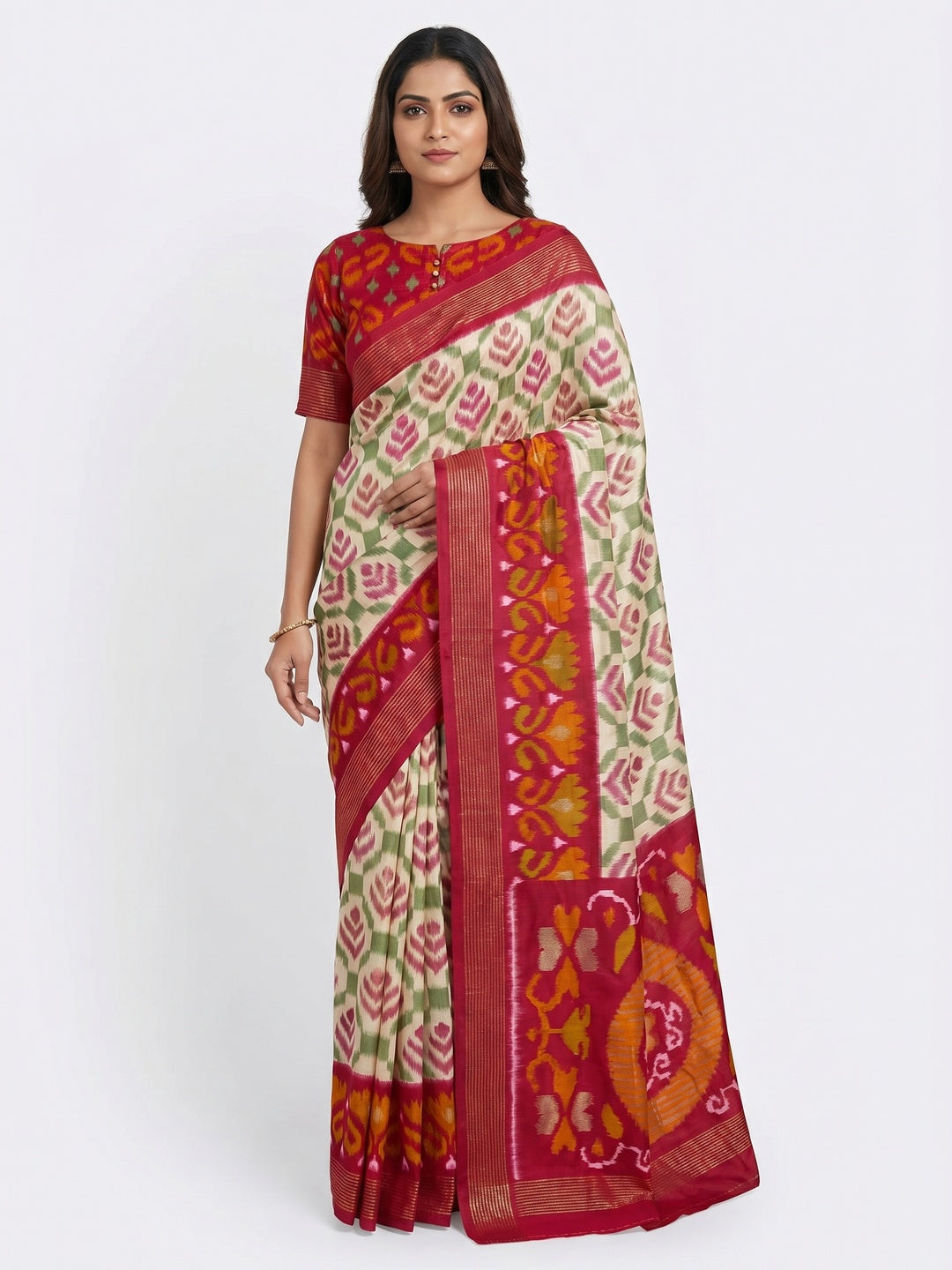 Off White & Pink Patola Printed Viscose Saree With Zari Border - Image 1