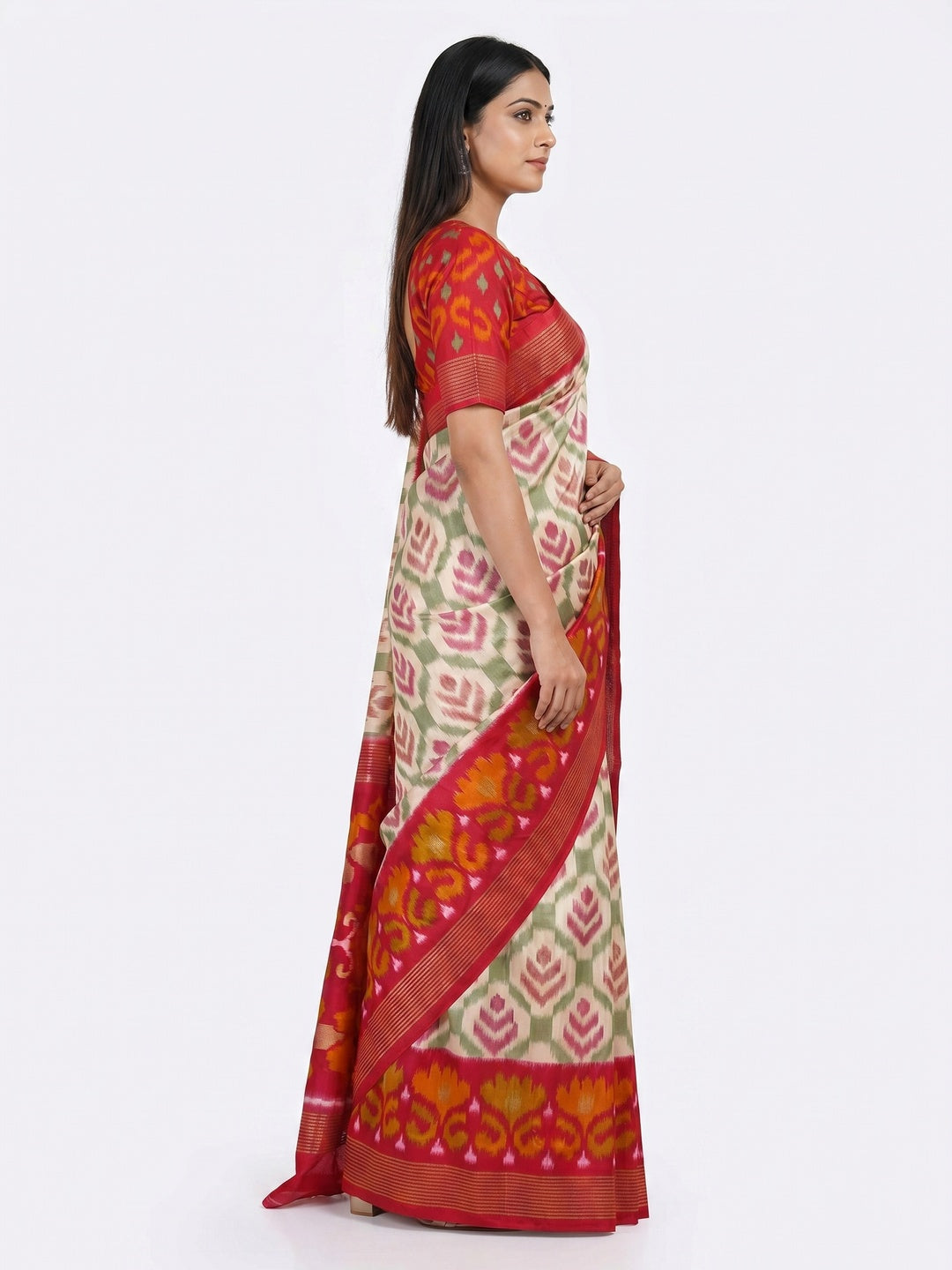 Off White & Pink Patola Printed Viscose Saree With Zari Border - Image 3