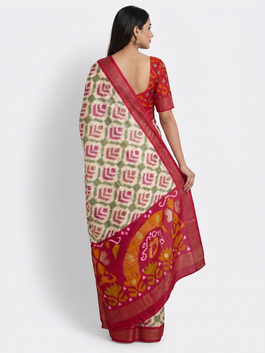 Off White & Pink Patola Printed Viscose Saree With Zari Border - Image 2