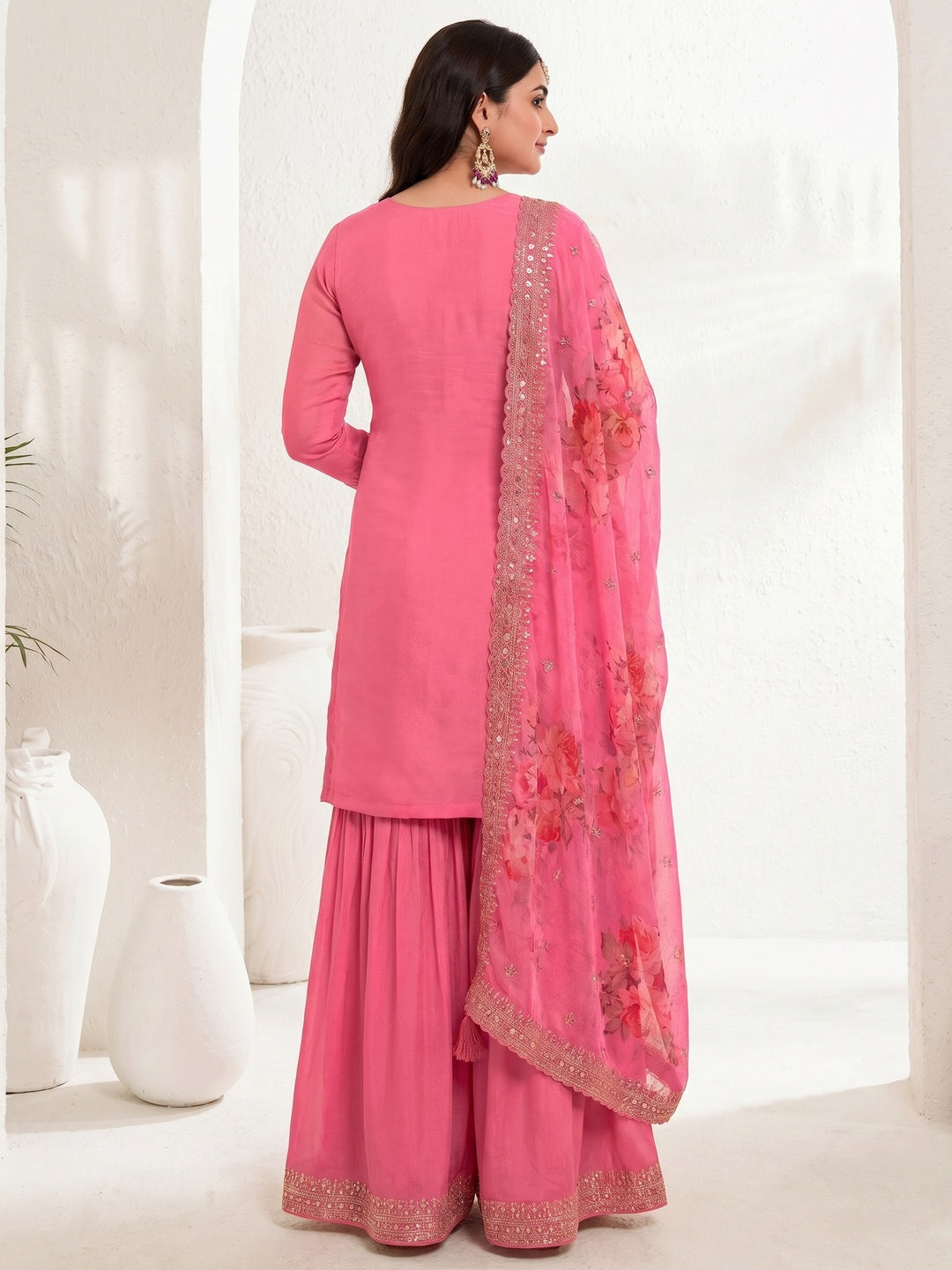 Pink Embroidered Chinon Semi Stitched Dress Material With Palazzo - Image 1