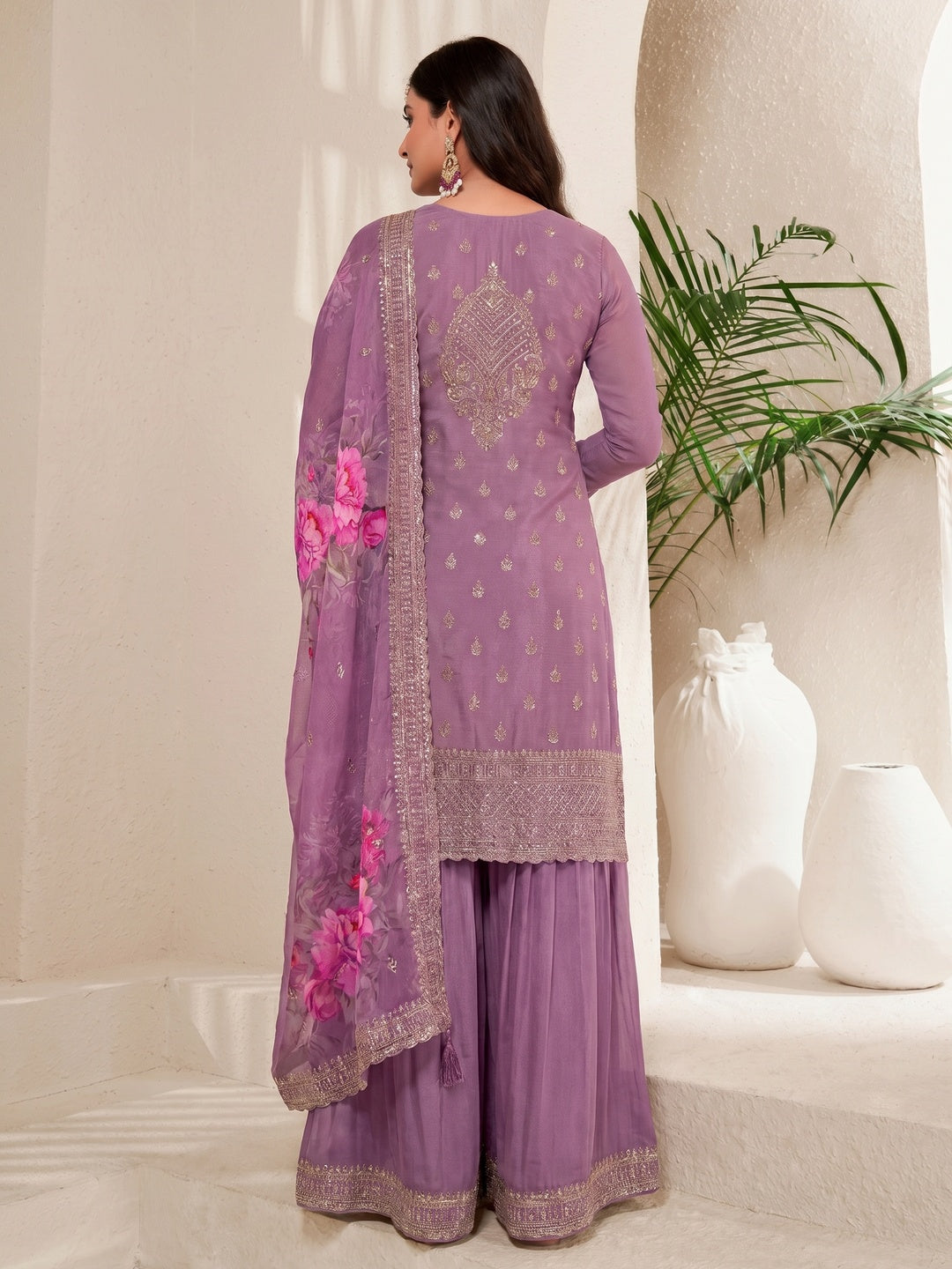 Purple Embroidered Chinon Semi Stitched Dress Material With Palazzo - Image 1