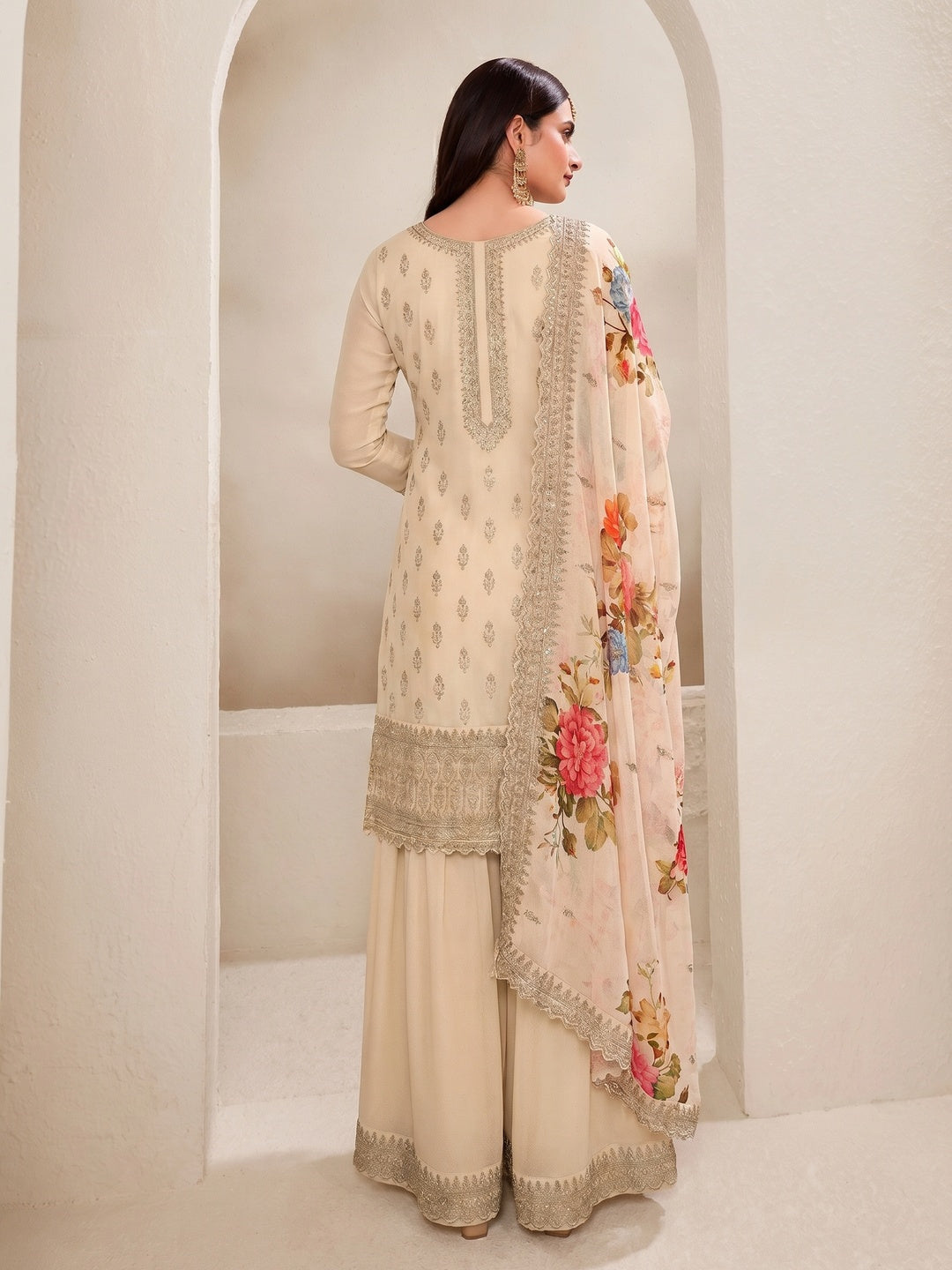 Cream Embroidered Chinon Semi Stitched Dress Material With Palazzo - Image 1