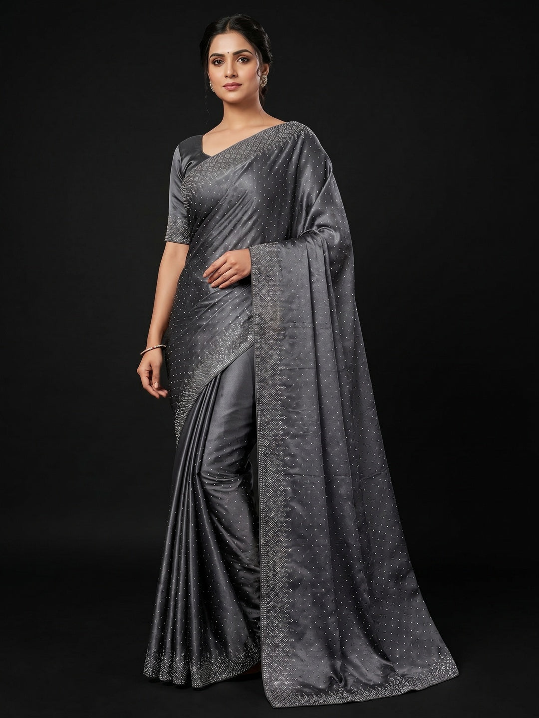 Grey Swarovski Work Satin Saree - Image 1