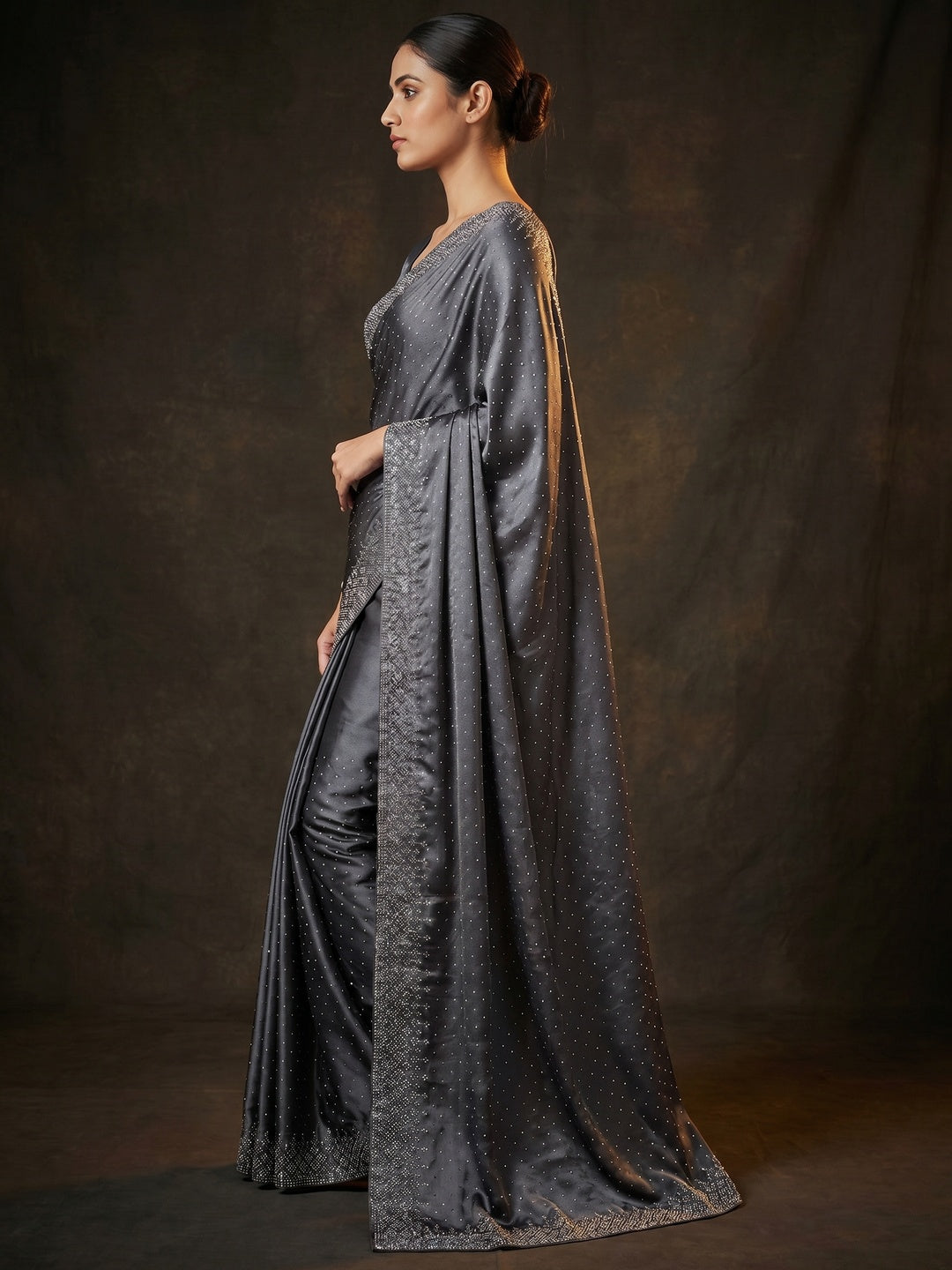 Grey Swarovski Work Satin Saree - Image 3