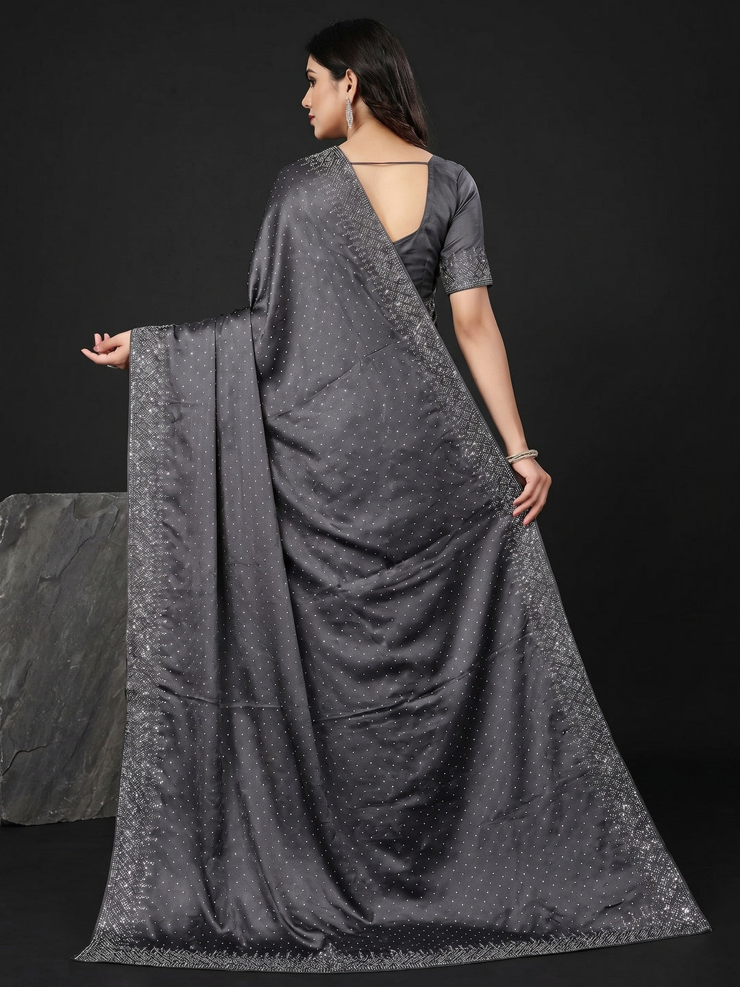 Grey Swarovski Work Satin Saree - Image 2