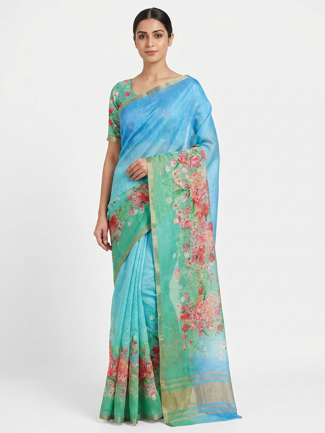 Blue & Turquoise Floral Printed Cotton Silk Saree - Image 1