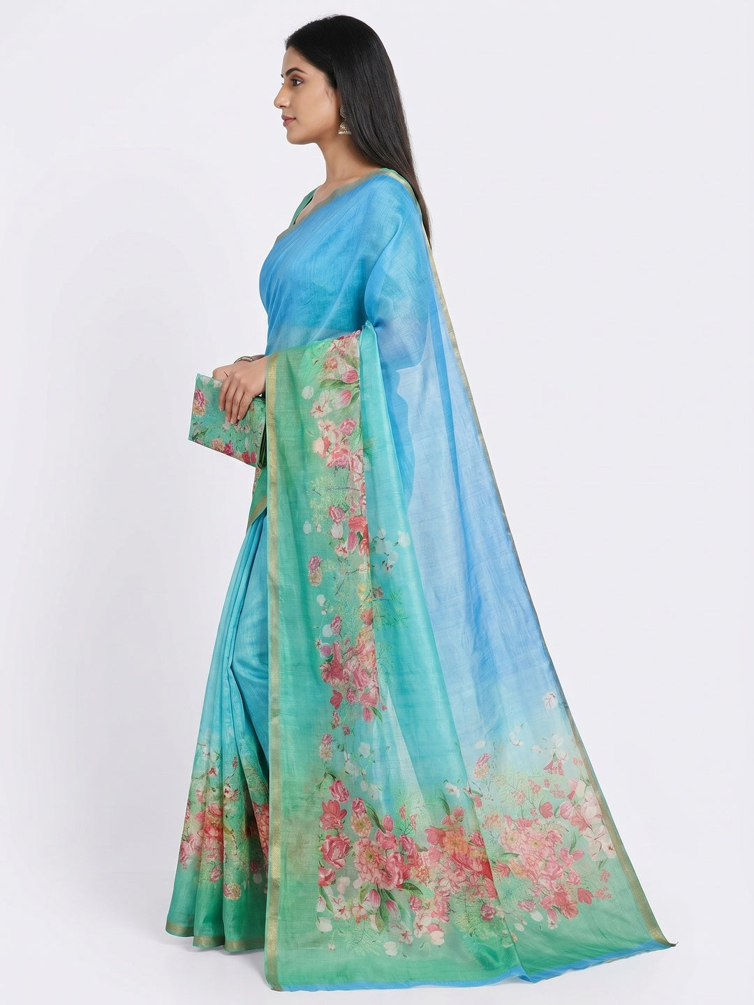 Blue & Turquoise Floral Printed Cotton Silk Saree - Image 2