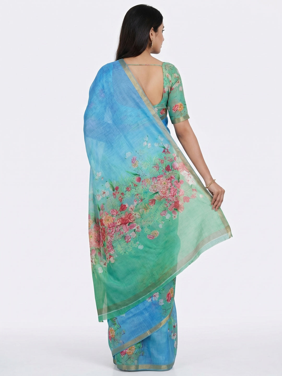 Blue & Turquoise Floral Printed Cotton Silk Saree - Image 3