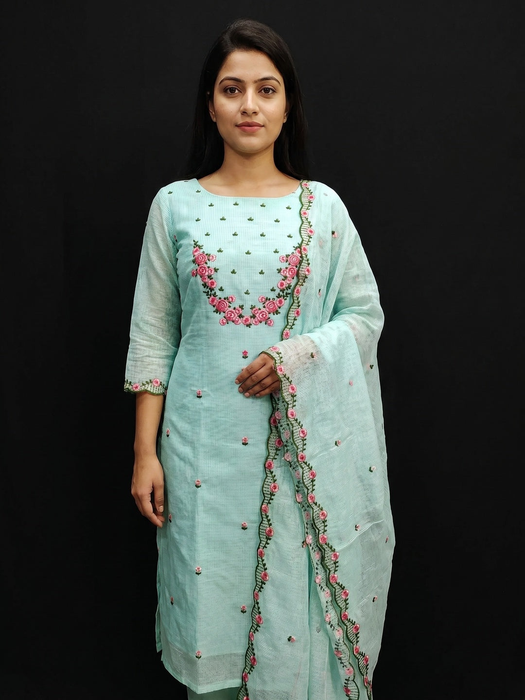 Sea Green Floral Embroidered Kota Doria Dress Material - Image 1