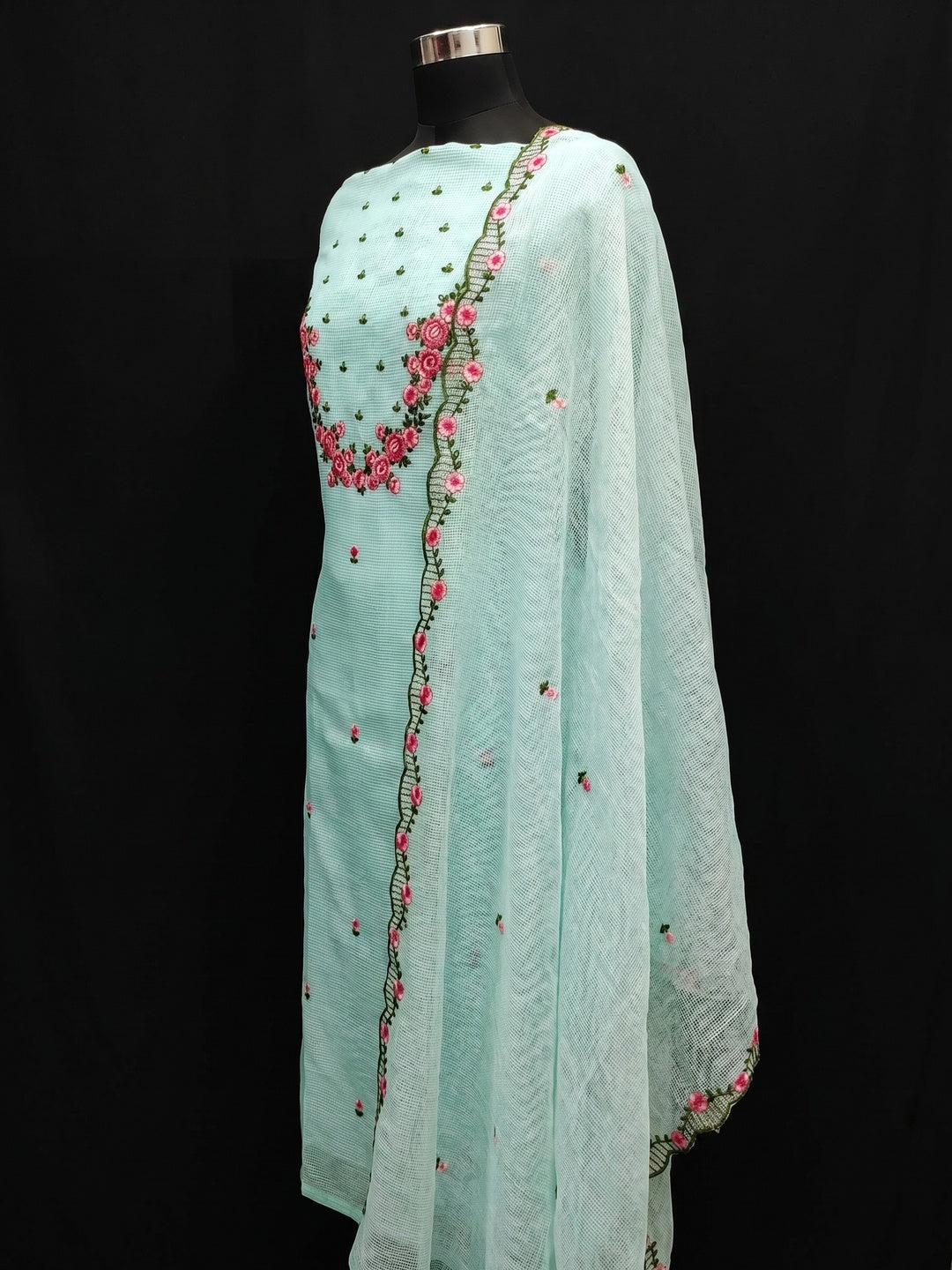 Sea Green Floral Embroidered Kota Doria Dress Material - Image 2