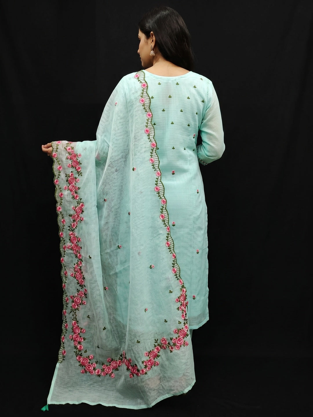 Sea Green Floral Embroidered Kota Doria Dress Material - Image 3