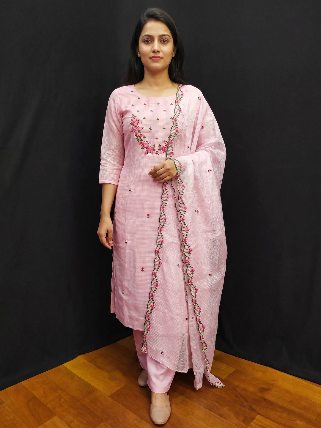 Pink Floral Embroidered Kota Doria Dress Material - Image 1