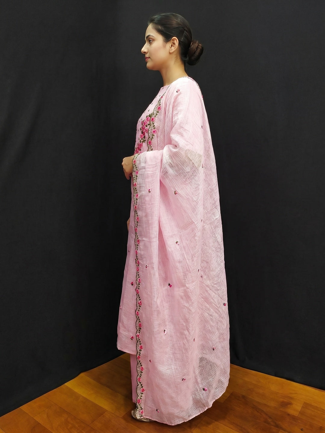 Pink Floral Embroidered Kota Doria Dress Material - Image 3