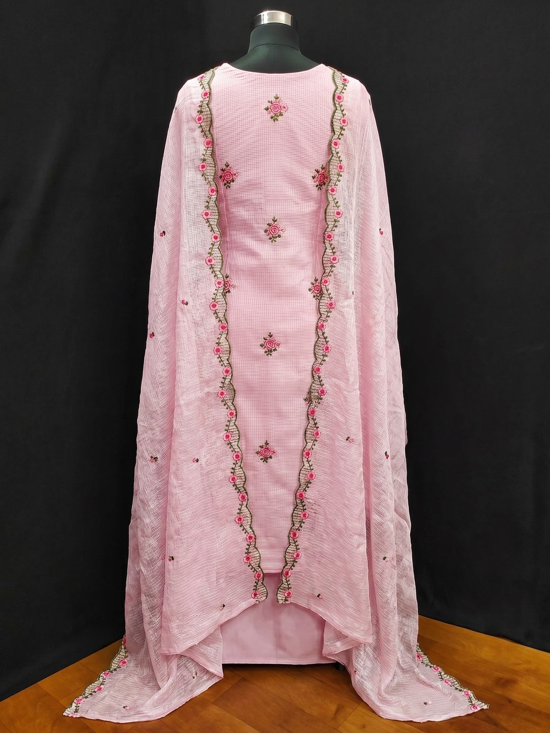 Pink Floral Embroidered Kota Doria Dress Material - Image 2