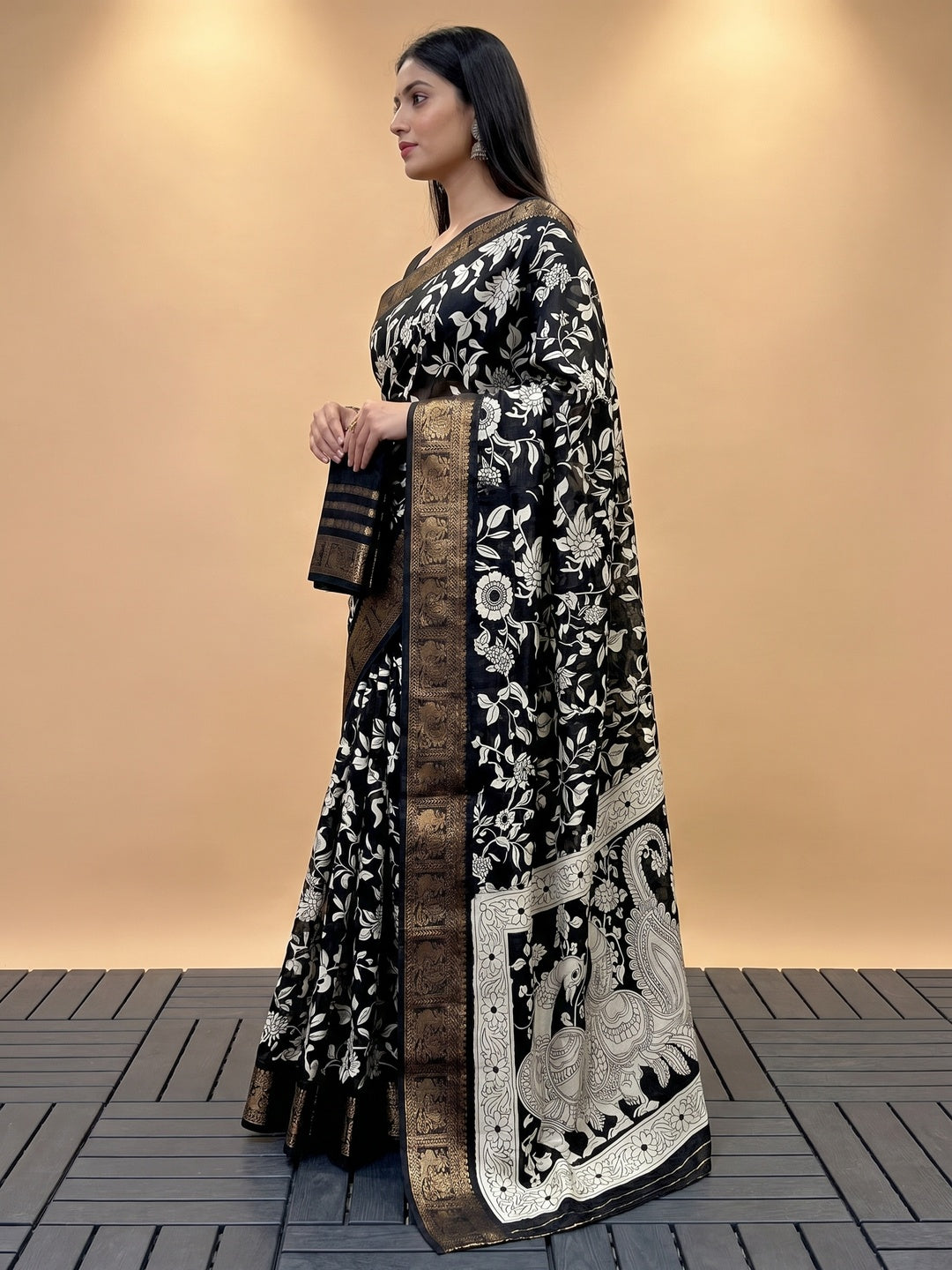 Black & Off White Floral Printed Dola Silk Saree With Zari Border - Image 3
