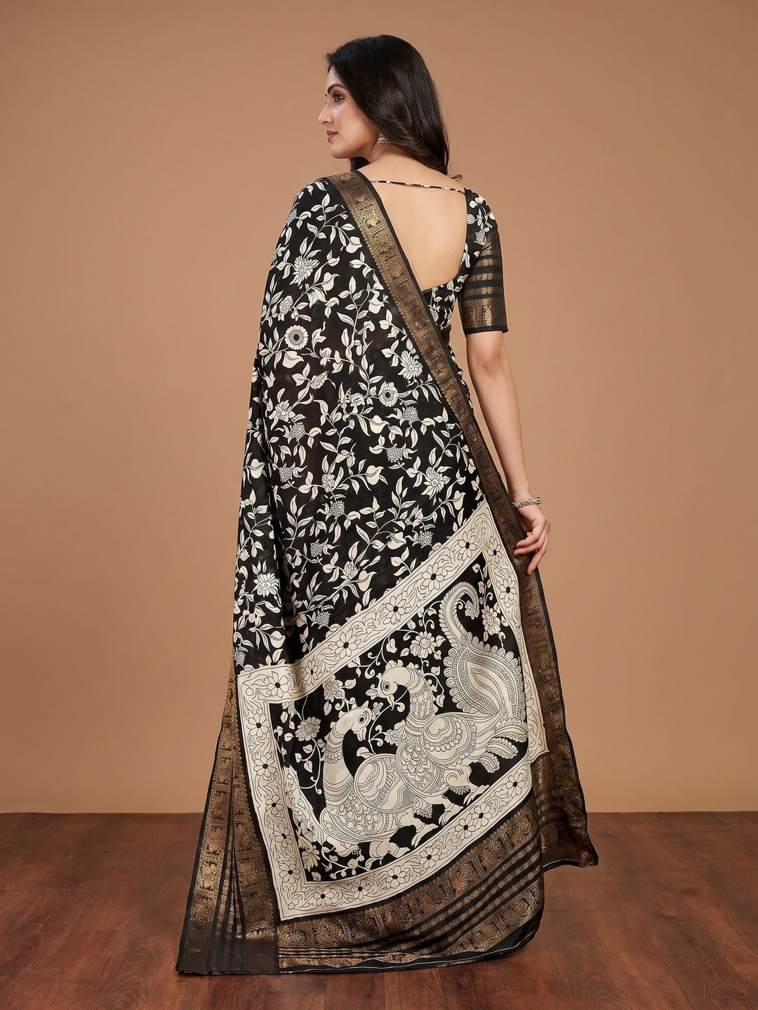 Black & Off White Floral Printed Dola Silk Saree With Zari Border - Image 2