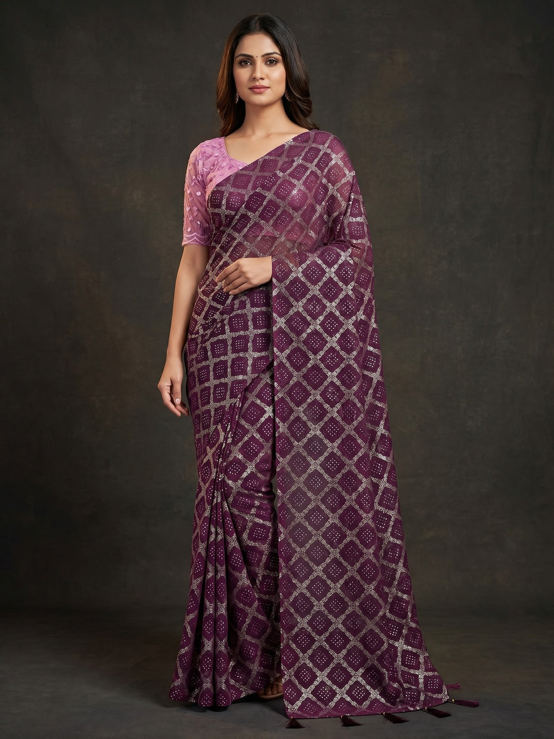 Wine Foil Printed Chiffon Saree - Image 1