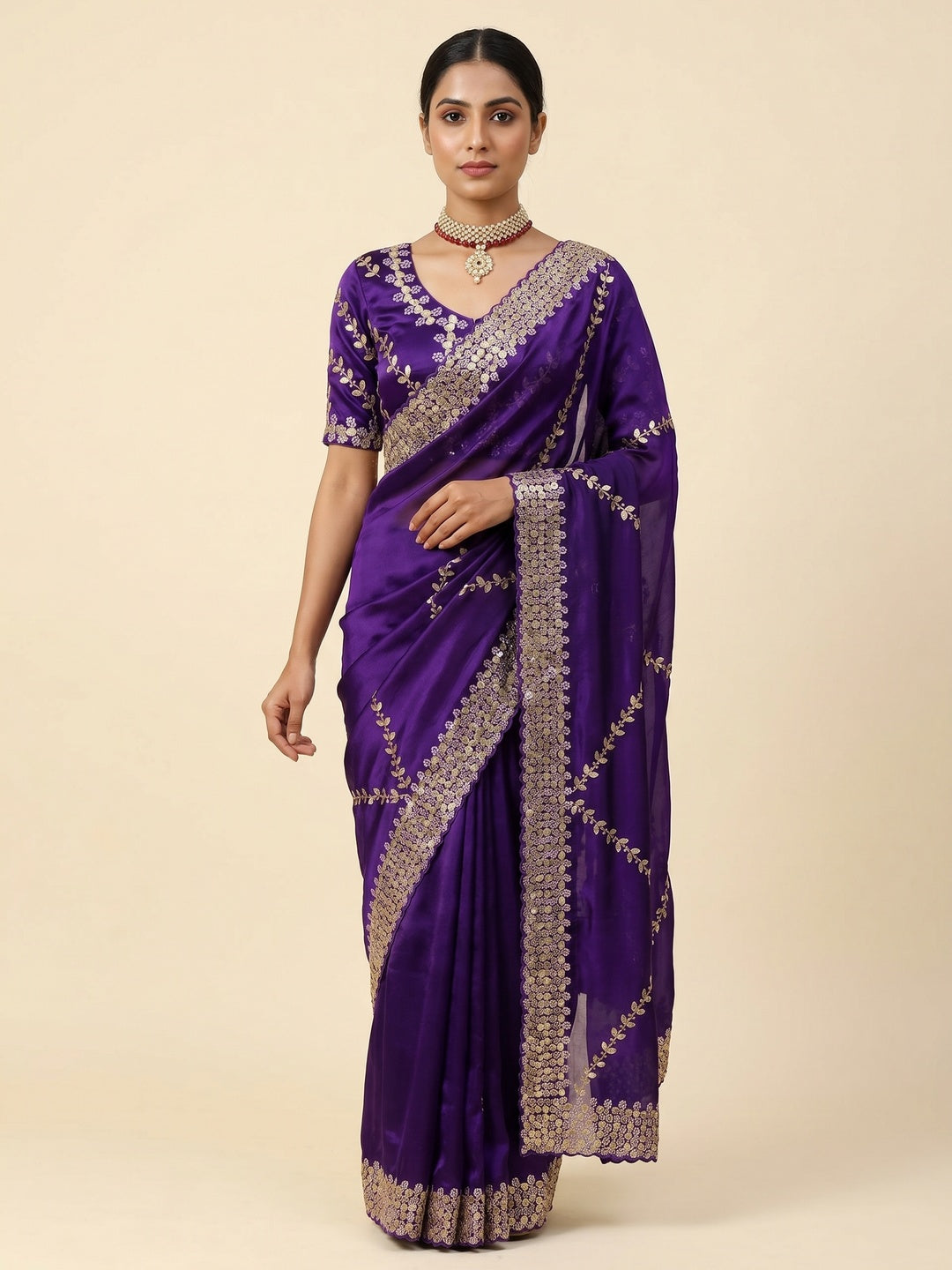 Purple Sequins Embroidered Satin Saree - Image 1