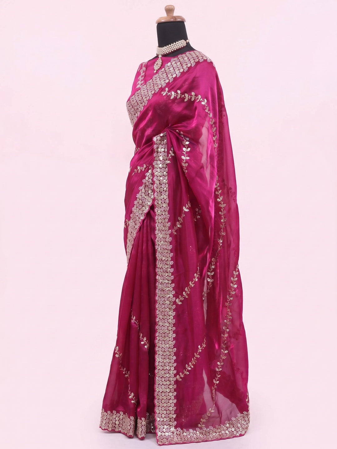 Pink Sequins Embroidered Satin Saree - Image 3