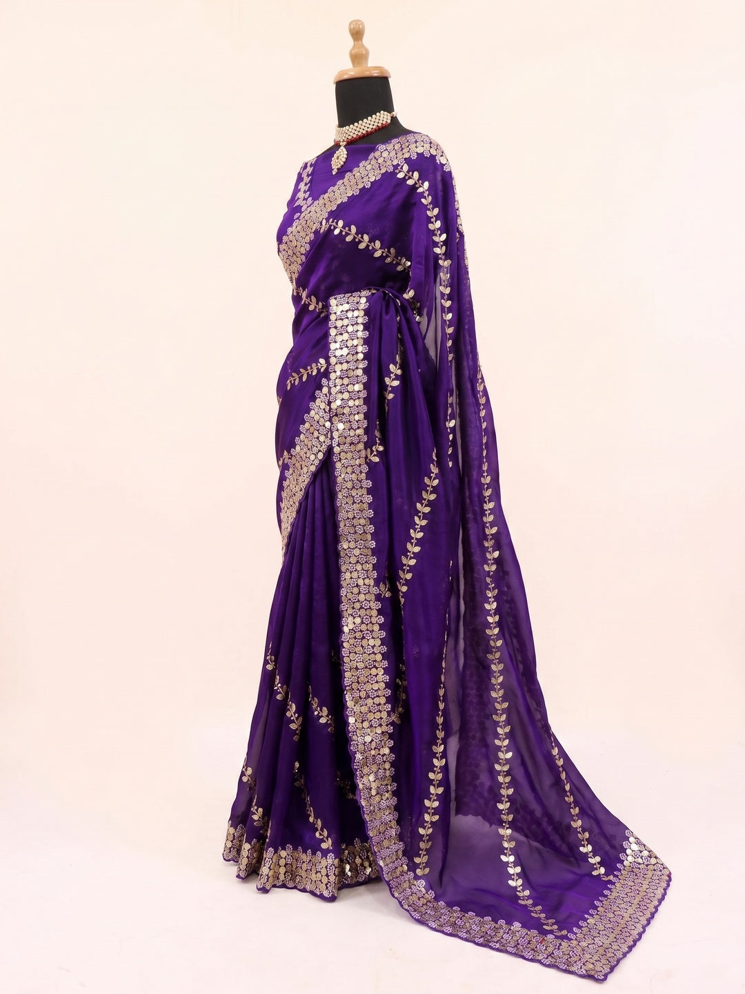 Purple Sequins Embroidered Satin Saree - Image 2