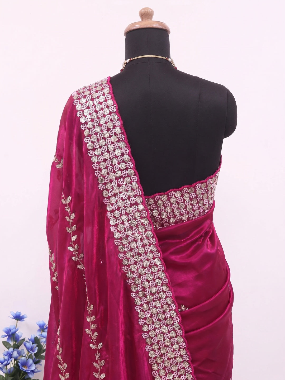 Pink Sequins Embroidered Satin Saree - Image 2