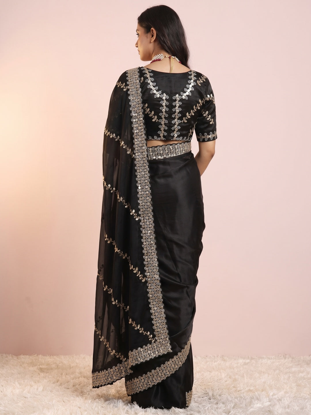 Black Sequins Embroidered Satin Saree - Image 2
