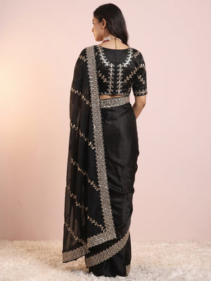 Black Sequins Embroidered Satin Saree - Image 2