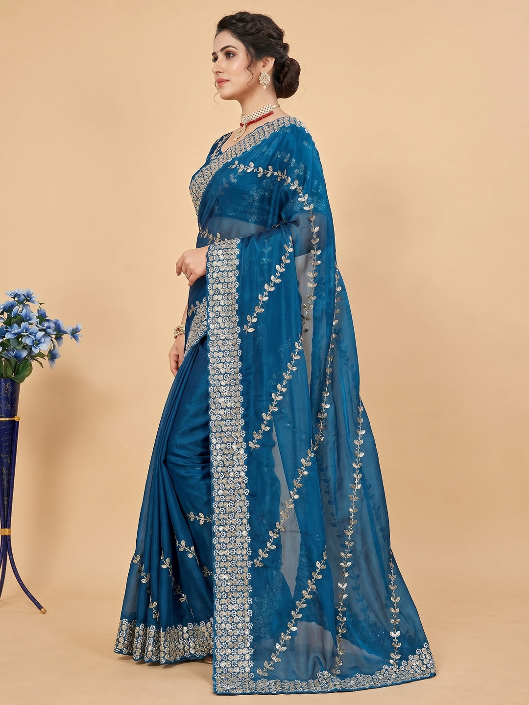 Blue Sequins Embroidered Satin Saree - Image 2