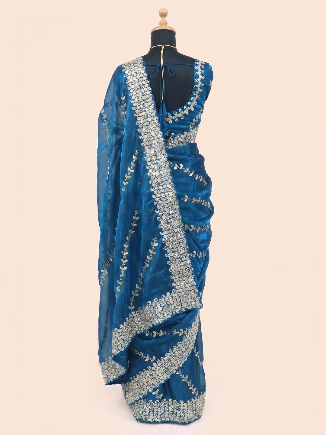 Blue Sequins Embroidered Satin Saree - Image 3