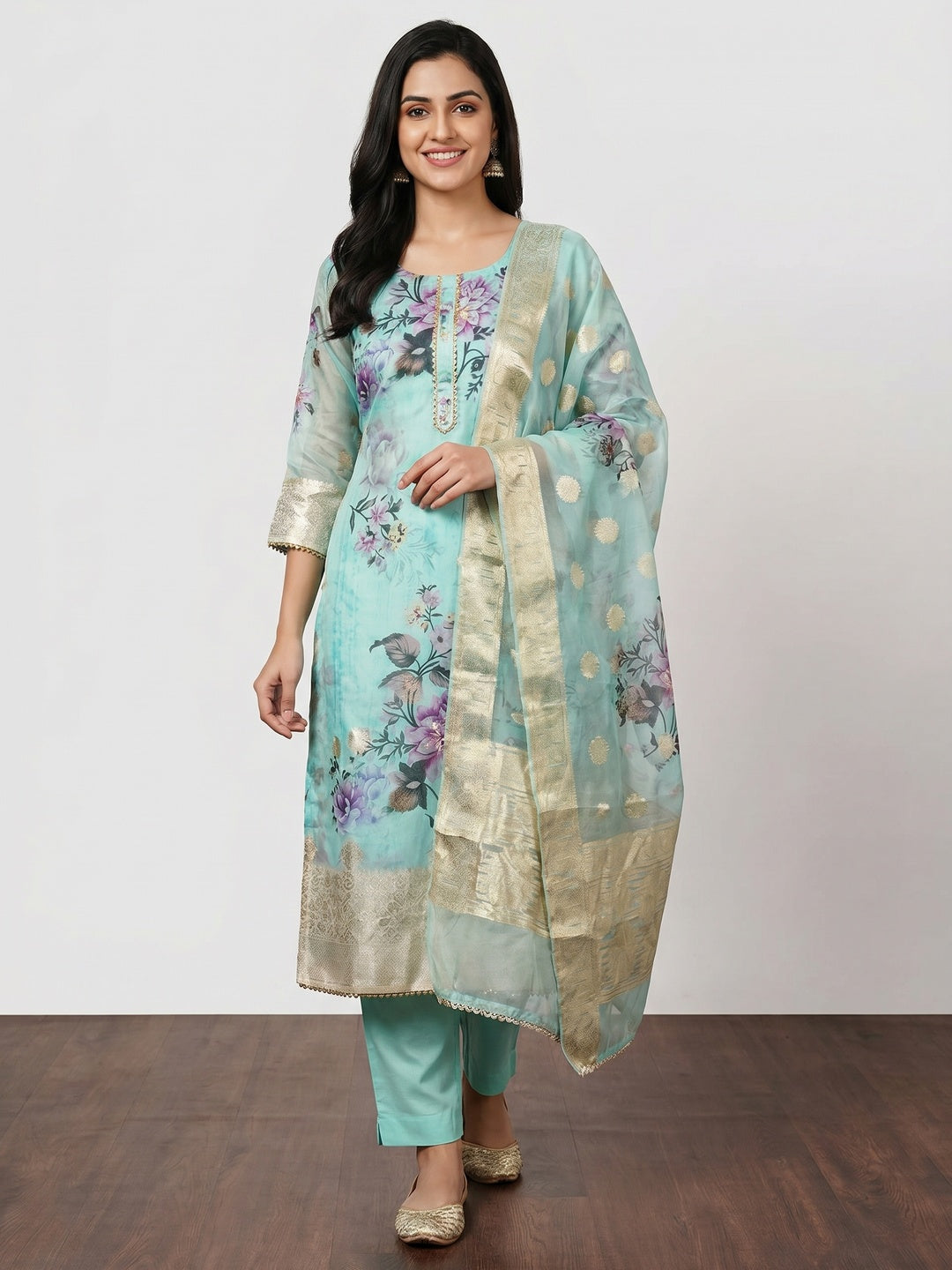 Turquoise Woven With Digital Printed Organza Dress Material - Image 1