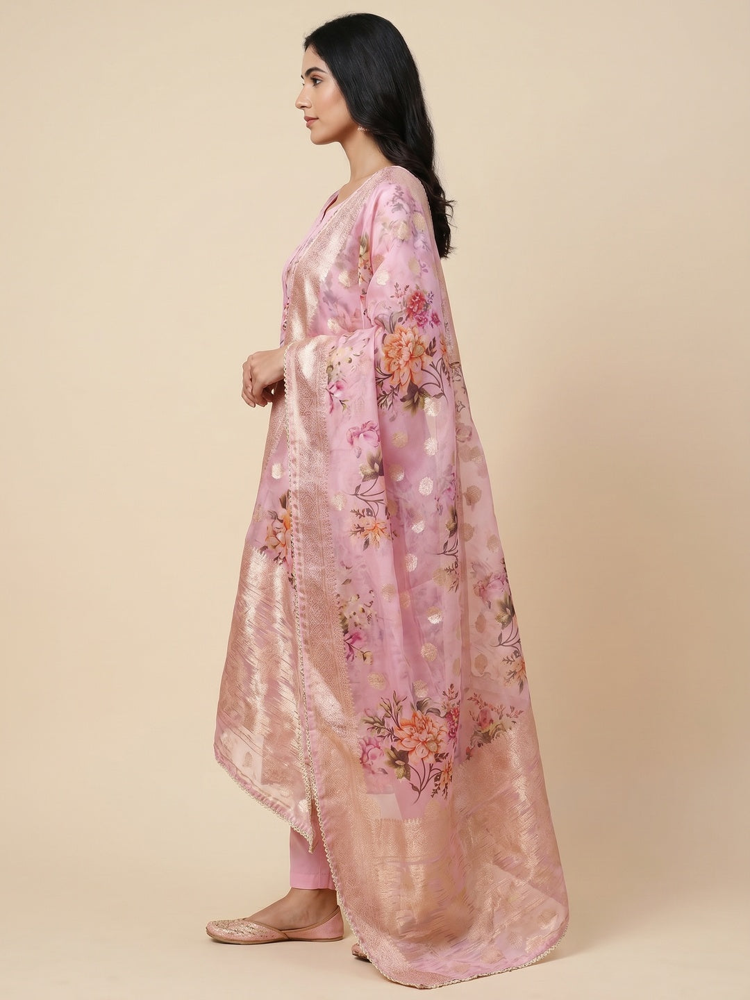 Pink Woven With Digital Printed Organza Dress Material - Image 2