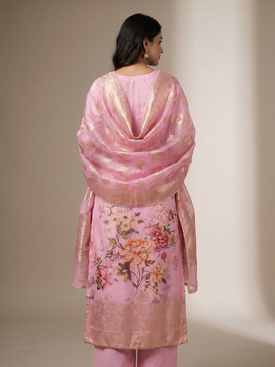 Pink Woven With Digital Printed Organza Dress Material - Image 3