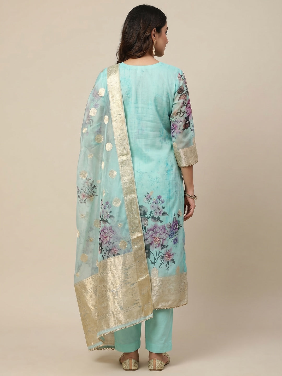 Turquoise Woven With Digital Printed Organza Dress Material - Image 3