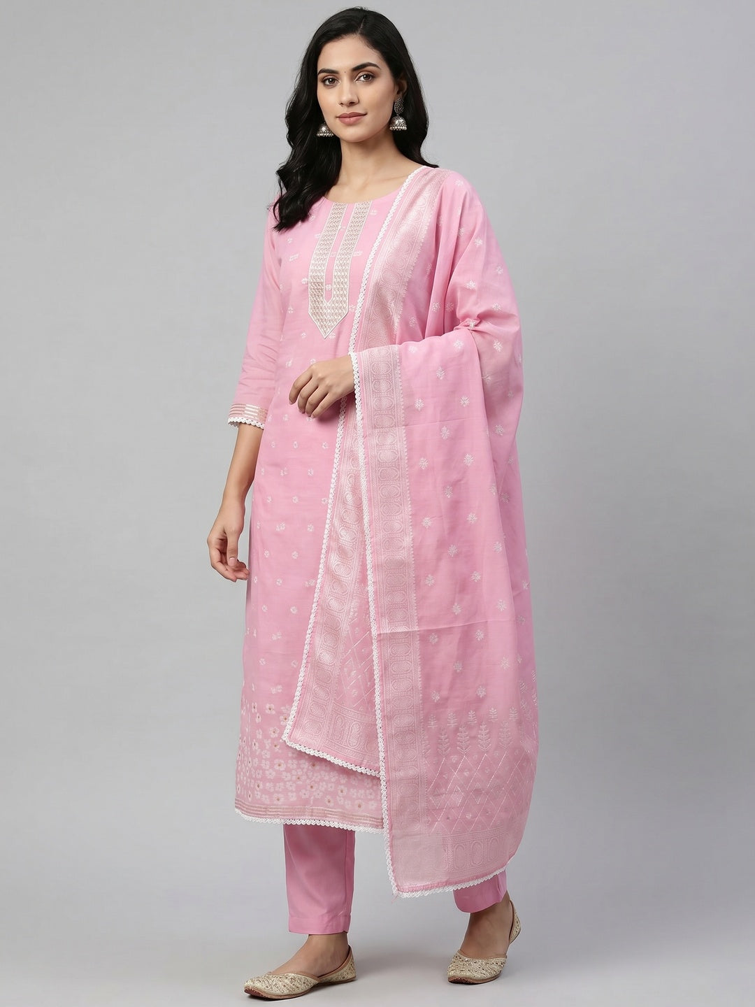 Pink Floral Woven With Hand Embroidered Muslin Dress Material - Image 1