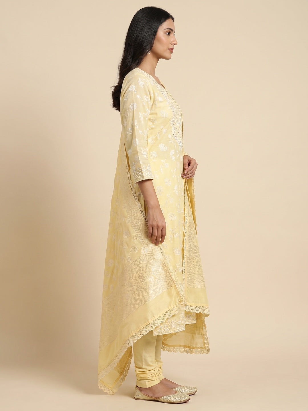 Light Yellow Floral Woven With Hand Embroidered Muslin Dress Material - Image 2