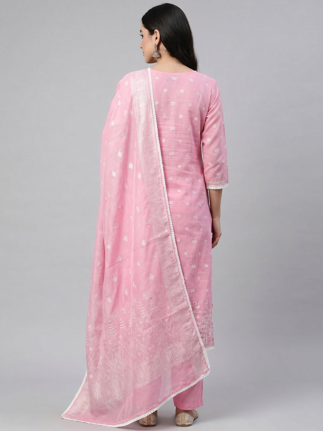 Pink Floral Woven With Hand Embroidered Muslin Dress Material - Image 2