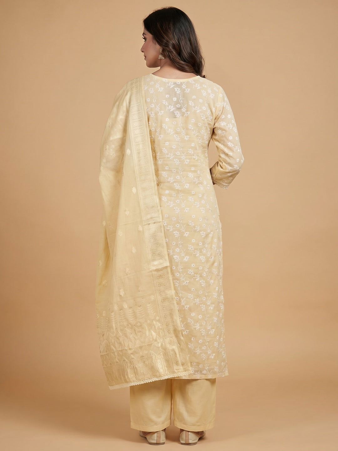 Light Yellow Floral Woven With Hand Embroidered Muslin Dress Material - Image 3
