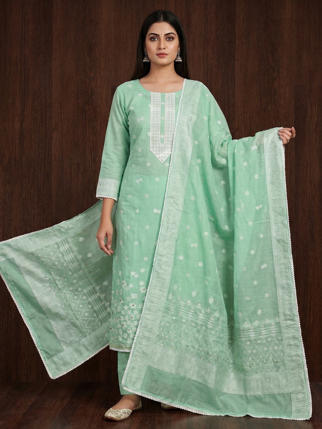 Sea Green Floral Woven With Hand Embroidered Muslin Dress Material - Image 1