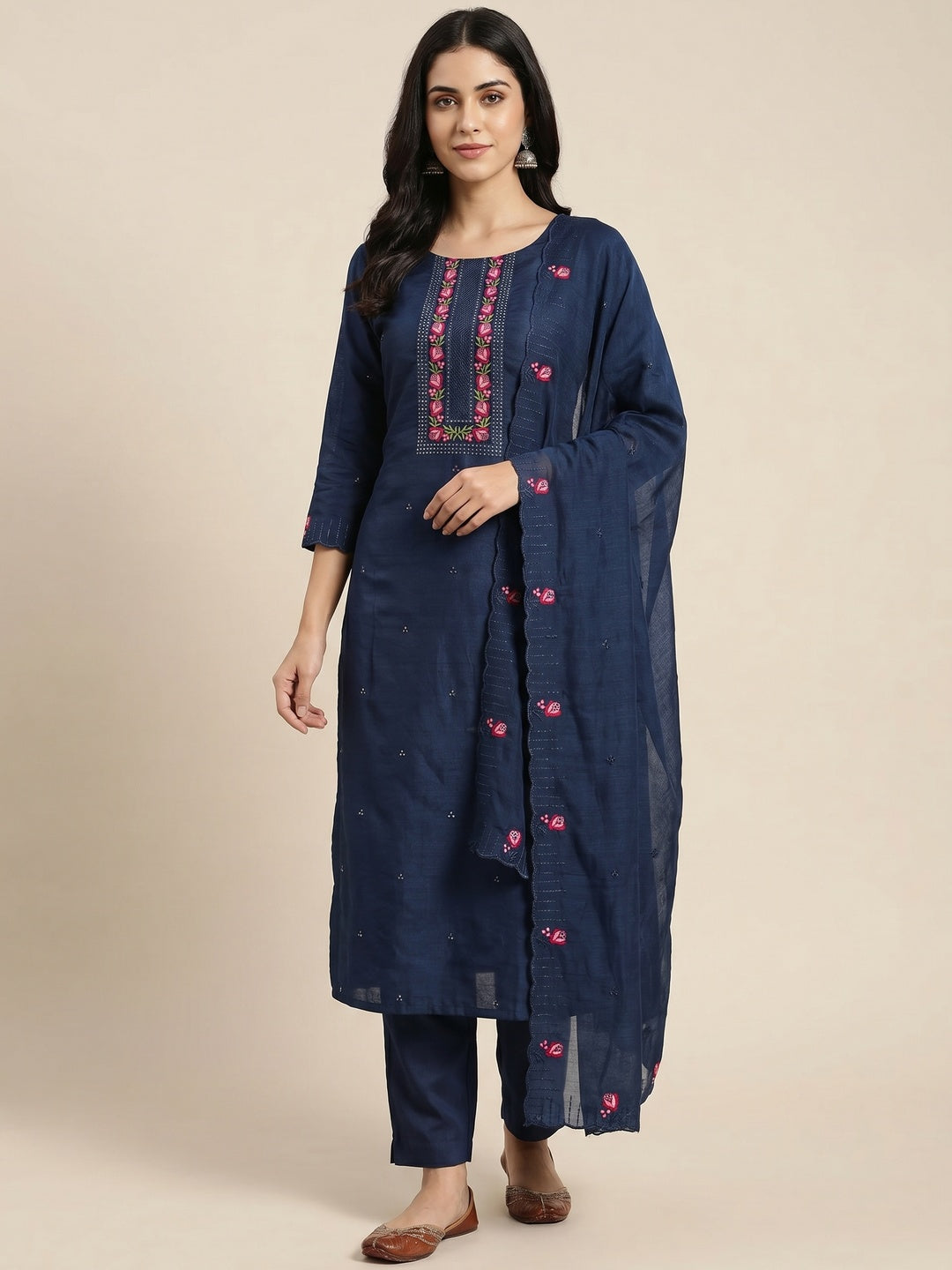 Blue Embroidered Vichitra Silk Dress Material - Image 1