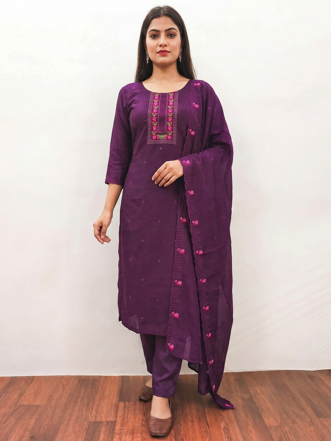 Purple Embroidered Vichitra Silk Dress Material - Image 1