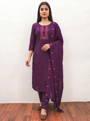 Purple Embroidered Vichitra Silk Dress Material - Image 1