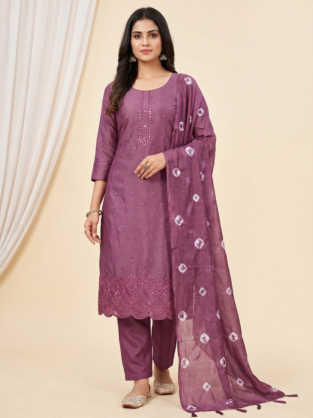 Purple Embroidered Cotton Blend Dress Material - Image 1