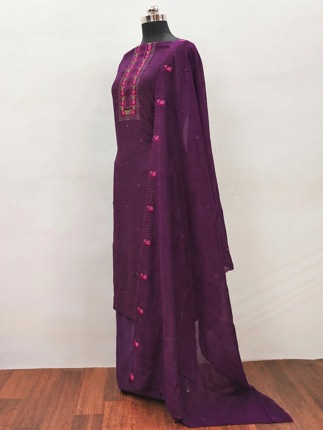 Purple Embroidered Vichitra Silk Dress Material - Image 3