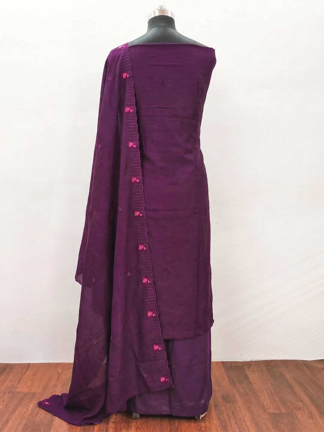 Purple Embroidered Vichitra Silk Dress Material - Image 2