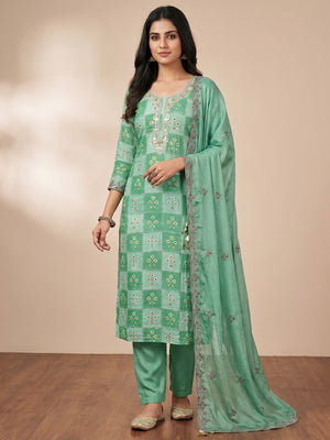 Sea Green Floral Hand Embroidered Muslin Dress Material - Image 1