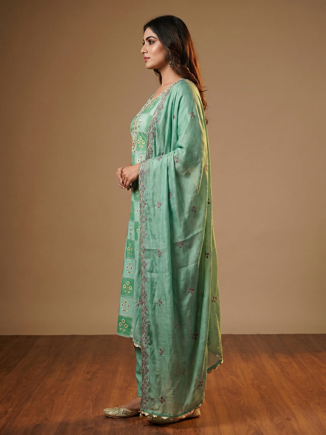 Sea Green Floral Hand Embroidered Muslin Dress Material - Image 3