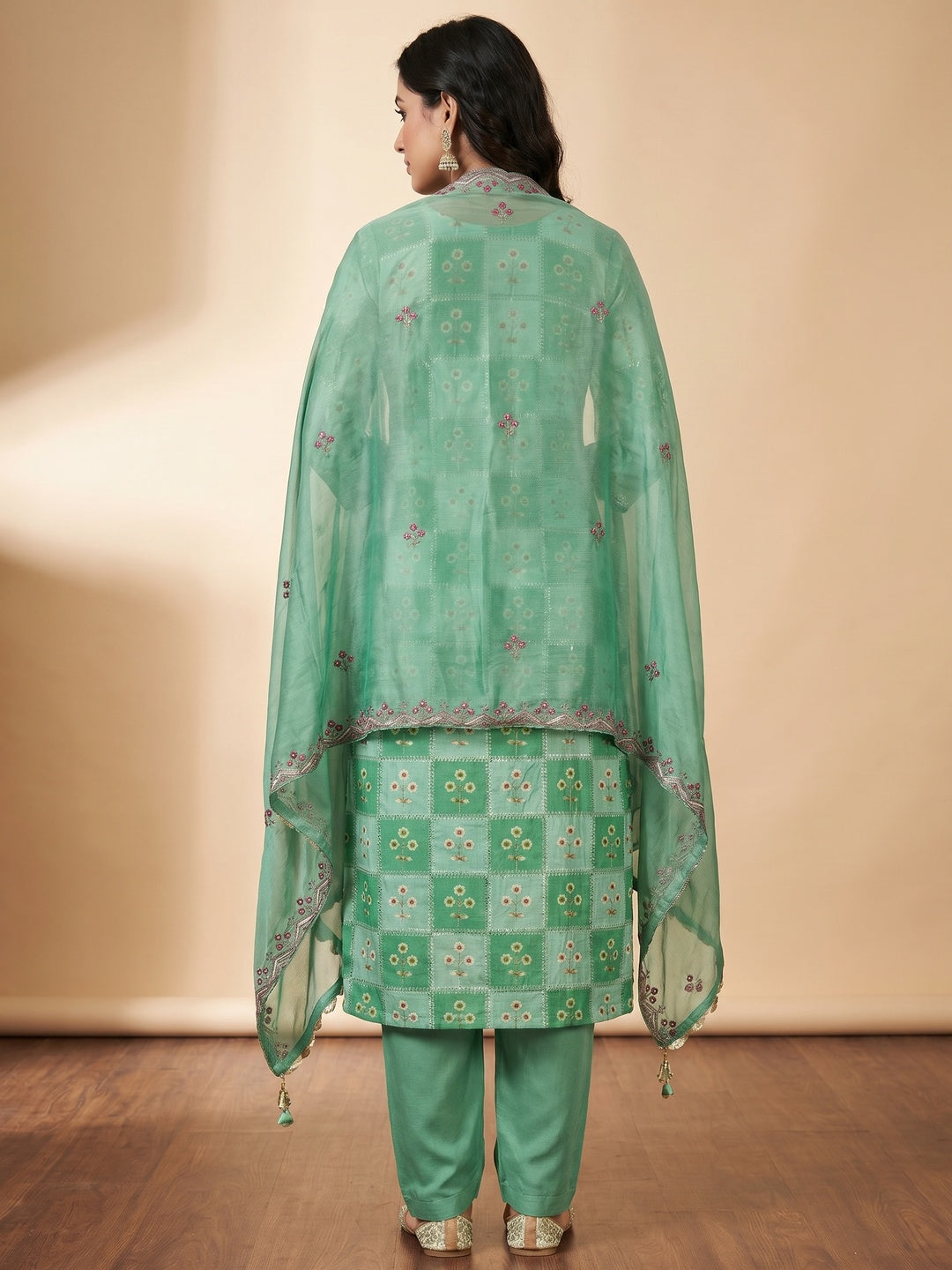 Sea Green Floral Hand Embroidered Muslin Dress Material - Image 2
